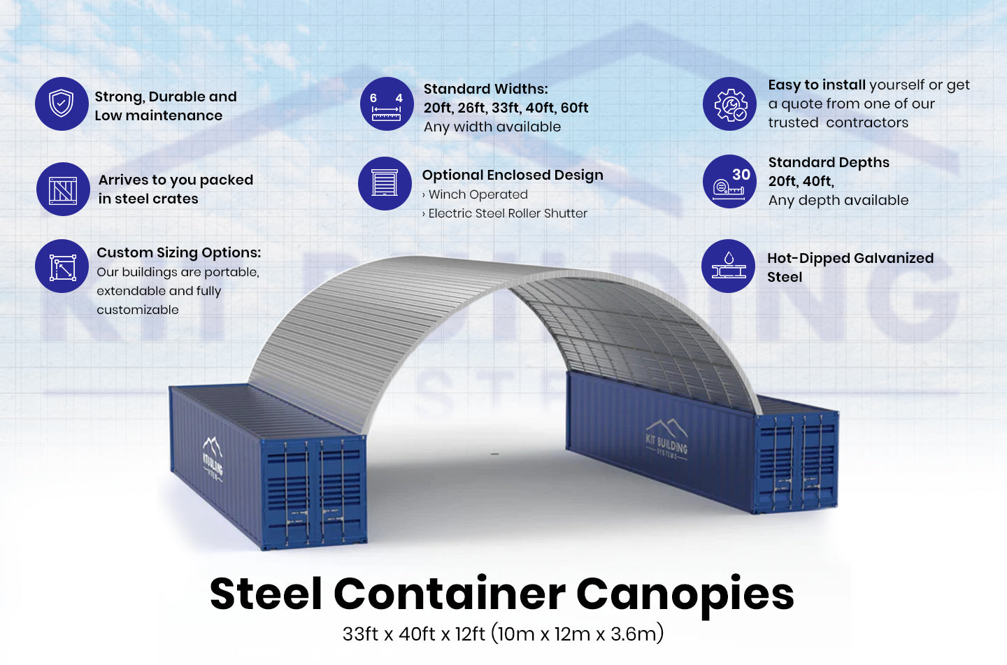 Steel Container Canopies - 33ft x 40ft x 12ft (10m x 12m x 3.6m)